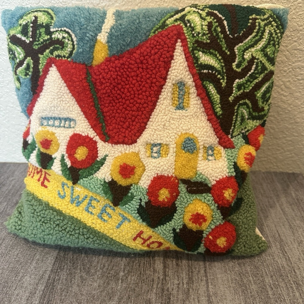 Primitive/Country Folk art Hooked Home Sweet Home Pillow 14" x 14"